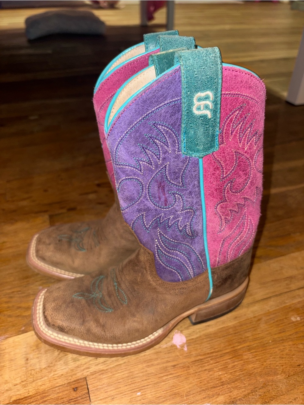Ariat Kids Brown, Purple & Pink Western Boots with Teal Accents